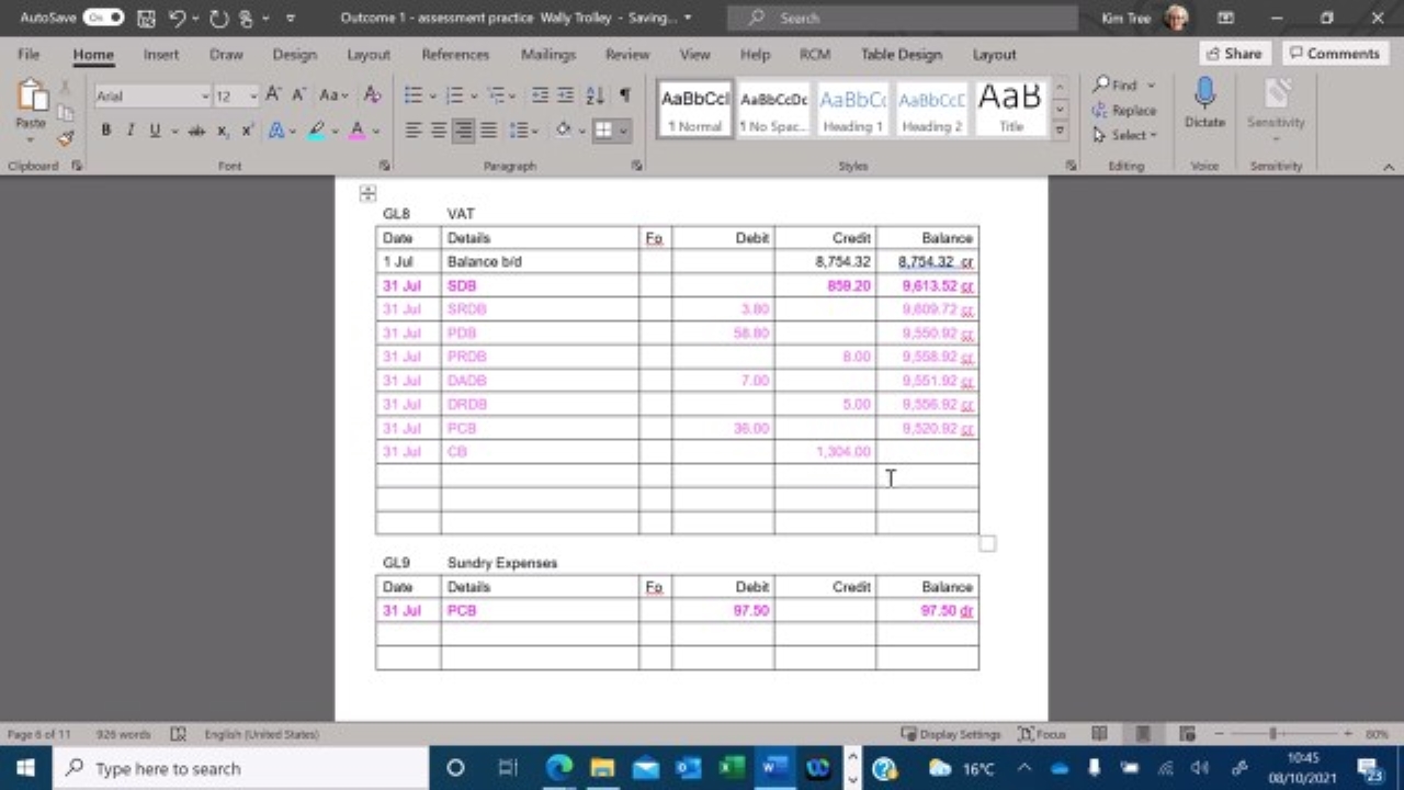  Posting to the General/Nominal Ledger from the Cash Book Wally
